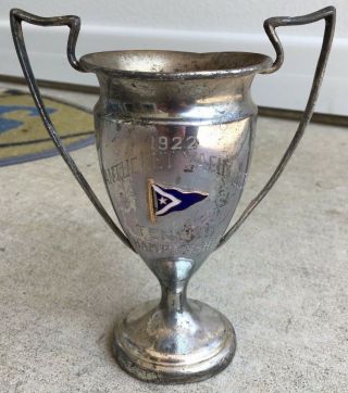 Antique 1922 Nantucket Yacht Club Tennis Trophy Enamel Flag Silver Plate