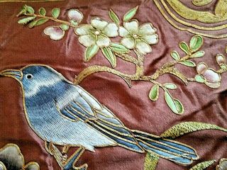 Vintage Chinese Throw Pillow Silk Hand Embroidery Birds Flowers Brown Label Wow