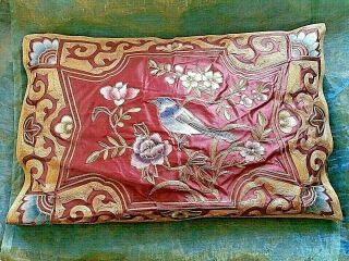 VINTAGE CHINESE THROW PILLOW SILK HAND EMBROIDERY BIRDS FLOWERS BROWN LABEL WOW 2