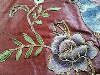 VINTAGE CHINESE THROW PILLOW SILK HAND EMBROIDERY BIRDS FLOWERS BROWN LABEL WOW 3