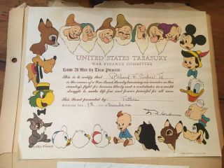 1944 Walt Disney United States Treasury War Finance Committee Framed Certificate