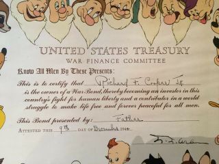 1944 Walt Disney United States Treasury War Finance Committee Framed Certificate 2