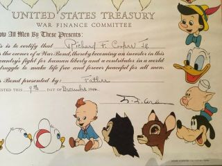 1944 Walt Disney United States Treasury War Finance Committee Framed Certificate 5