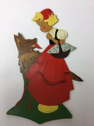 Little Red Riding Hood W/wolf Hand - Painted Germany Wall Figure Wood Vintage
