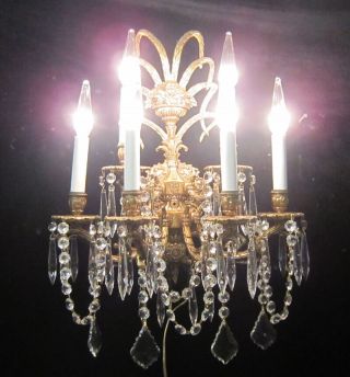 1 Rose Basket Vintage 6l Gilt Bronze Brass Crystal Wall Lamp Sconce French Spain