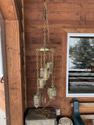 Vtg Hollywood Regency Metal Filagree 5 Pendant Heavy Bronze Hanging Swag Lamp 12