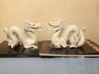 A Very Fine Vintage Blanc De Chine Porcelain Dragon Statues