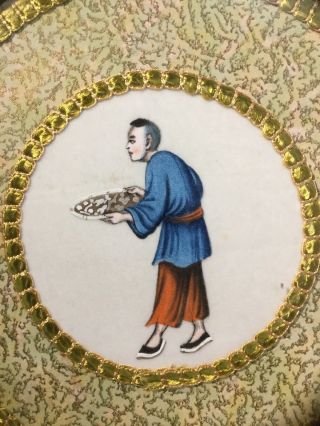 Set Of 5 Antique Chinese Qing Watercolour Pith Paper Paintings Silk Framed.  8” 5