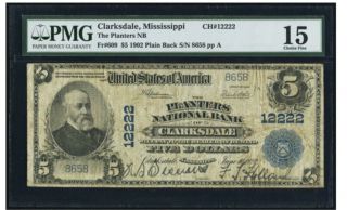 1902 $5 National Bank Clarksdale Mississippi CH 12222 PMG 15.  RARE RARE 2