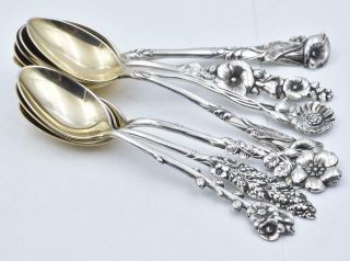 Antique Reed & Barton Set Of 7 Sterling Silver Flower Handle Demitasse Spoons