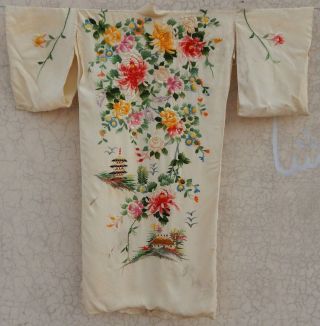 Antique Chinese Silk Hand Embroidered Robe Kimono Robe Textile (x757)