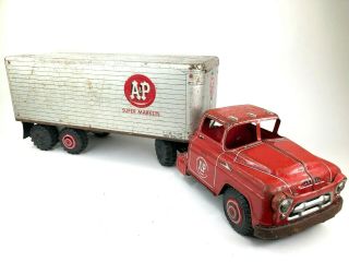 Vintage 1950s Marx A & P Supermarkets Pressed Steel Tin Tractor Trailer Truck