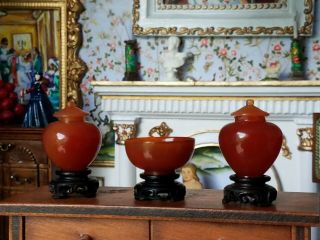 Antique Dollhouse Miniature Asian Glass Ginger Jars & Bowl Set 1:12