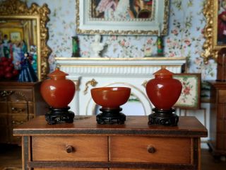 Antique Dollhouse Miniature Asian Glass Ginger Jars & Bowl Set 1:12 2