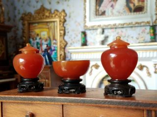 Antique Dollhouse Miniature Asian Glass Ginger Jars & Bowl Set 1:12 3