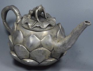 China Collectable Old Miao Silver Carve Beauty Lotus Auspicious Frog Lid Tea Pot 3