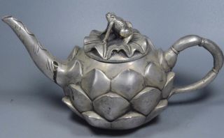 China Collectable Old Miao Silver Carve Beauty Lotus Auspicious Frog Lid Tea Pot 4