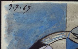 PABLO PICASSO - DRAWING & INK ON OLD PAPERBOARD,  vtg rare art,  signed 4