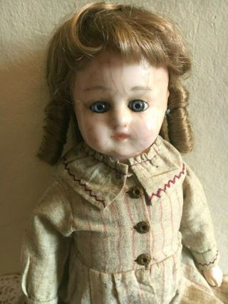 Antique 20 " Wax Composition Doll Blue Eyes Brown Wig Painted Boots