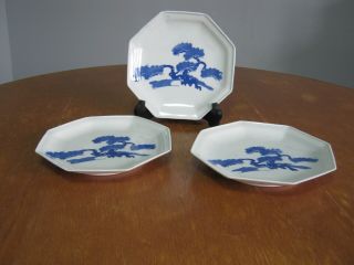 Set Of Three Vintage Japanese Blue - White Octagonal 8 - Imari Plates - Two Chipped.