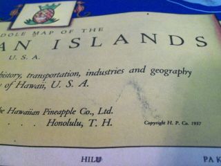 Vintage Dole Map of Hawaiin Islands Litho Copyright 1937 by Parker Edwards 6
