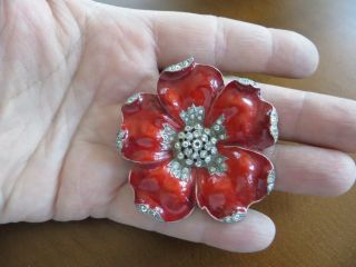 1940’s Crown Trifari Rhodium Enamel Rhinestones Red Flower Dress Clip Rare