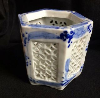 Antique Chinese Porcelain Pierced Cricket Jar,  Blue & White Pallet,  G/c,  7.  8cm Tall