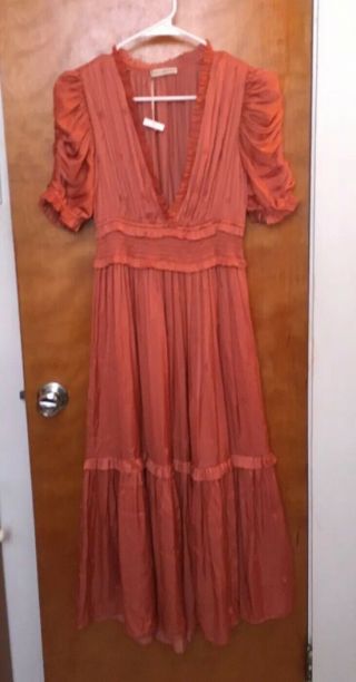 Ulla Johnson Maya Pleated Midi Dress Antique Rose Copper Maxi Ruched Deep V Sz 6 3