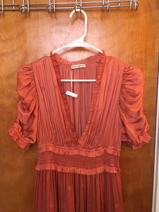 Ulla Johnson Maya Pleated Midi Dress Antique Rose Copper Maxi Ruched Deep V Sz 6 5