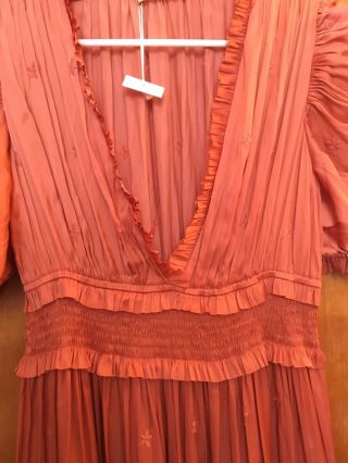 Ulla Johnson Maya Pleated Midi Dress Antique Rose Copper Maxi Ruched Deep V Sz 6 6