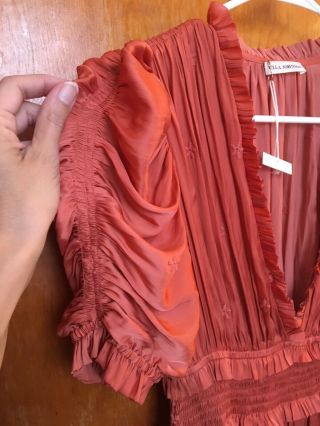 Ulla Johnson Maya Pleated Midi Dress Antique Rose Copper Maxi Ruched Deep V Sz 6 7