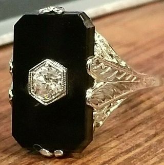 Antique Art Deco 1/5ct Diamond & Onyx 14k White Gold Filigree Ring Gh Si1 W/ Box