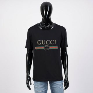 Gucci 480$ Authentic Black Cotton Vintage Logo Print Crewneck Tshirt