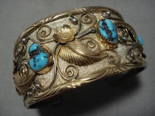 Opulent Vintage Navajo Real Gold Sterling Silver Turquoise Bracelet Old