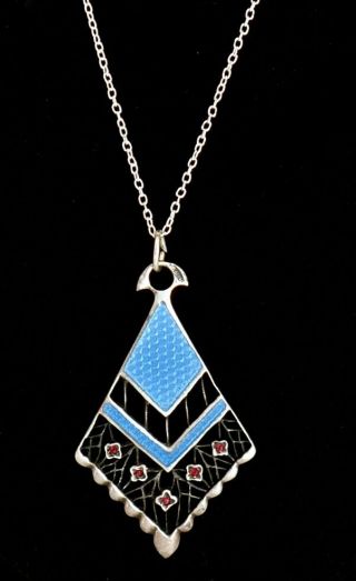 Fabulous Antique Art Deco Sterling Enamel Guilloche & Garnets Pendant Necklace