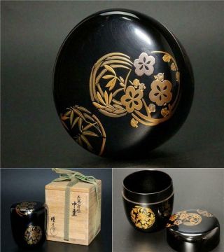 Sgo15 Japanese Wooden Black Lacquer Gold Flower Makie Natsume Tea Caddy W/box