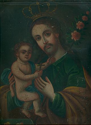Vintage Mexican Retablo Of St.  Joseph And Christ Child On Painted Tin,  C.  1900