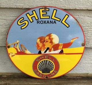 Vintage Shell " Roxana " Gasoline Porcelain Sign,  Service Station,  Gas Pump Plate