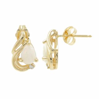 Ladies Vintage Estate 14k Yellow Gold Pear - Shaped Opal & Diamond Post Earrings