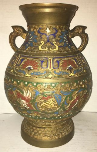 Antique Chinese Bronze Champleve Enamel Cloisonne Figural 2 Handled Vase
