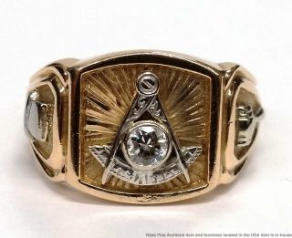 14k Yellow White Gold Fine Diamond Mens Vintage 1969 Masonic Ring Size 10.  5