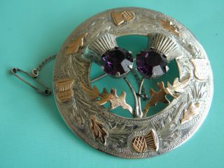 1957 Amethyst Silver & 9ct Gold Scottish Thistle Brooch Ward Brothers