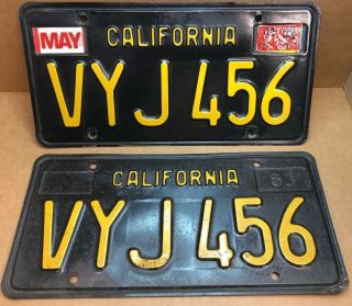 Rare Pair 1963 Dmv Clear (california) Vyj 456 License Plate - Vintage 1989 Sticker