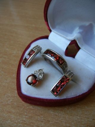 Set Vintage Ring Earrings Pendant Red Stone Silver 925 Juwelo With Black Box