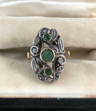 Antique Art Deco Emerald & Diamond Ring In 10kt Gold Setting