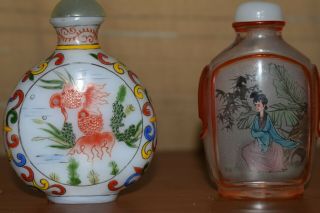 Vintage Hand Painted Chinese 2 Glass Snuff Bottles Jade Top