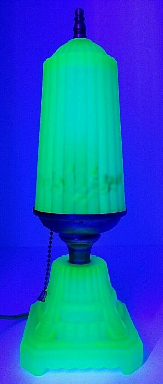 Vintage Art Deco Green Uranium Vaseline Glass Skyscraper Lamp 12 " Tall