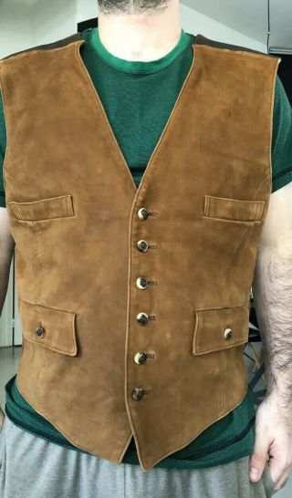 Polo Ralph Lauren Large Leather Suede Brown Jacket Vest Rugged Hunting Vtg Rrl