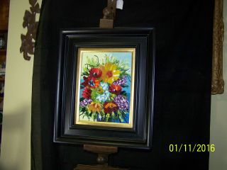 Vintage Oil On Canvas Impasto Still Life Floral Painting Signed Linda