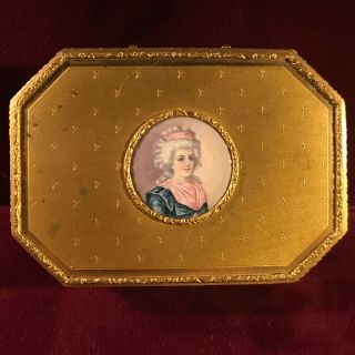Vintage Gilt Metal Table Box With Painted Enamel On Copper Portrait Miniature